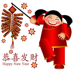 Image showing Chinese Girl Holding Firecrackers with Text Wishing Happiness an