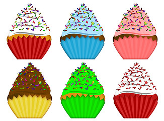 Image showing Six Variety Cupcakes with Sprinkles Illustration