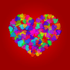 Image showing Colorful Big Valentines Day Hearts on Red Background