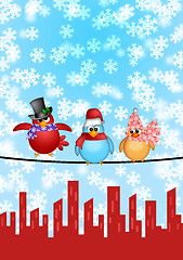 Image showing Three Birds on a Wire with City Skyline Christmas Scene