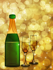 Image showing Champagne Bottle and Two Glass Flutes