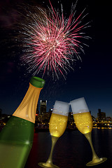 Image showing Champagne Toast with Portland Oregon Skyline