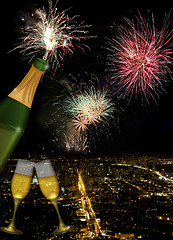 Image showing Champagne Toast with San Francisco Skyline at Night