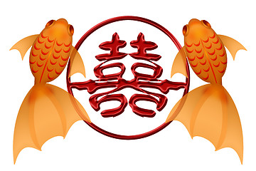 Image showing Goldfish Pair with Double Happiness Chinese Symbol