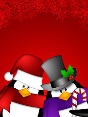 Image showing Penguin Couple on Red Snowflakes Background