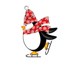 Image showing Cute Penguin with Red Scarf on Ice Skates Illustration