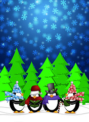 Image showing Penguins Carolers Singing with Winter Snowing Scene Illustration