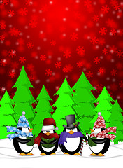 Image showing Penguins Carolers Singing with Red Winter Scene Illustration