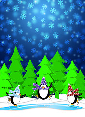 Image showing Penguins in Ice Skating Rink Winter Snowing Scene Blue Illustrat