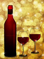 Image showing Red Wine Bottle and Two Glasses  with Blurred Background Illustr