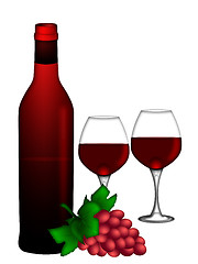 Image showing Red Wine Bottle and Two Glasses and Bunch of Grapes