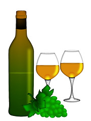 Image showing White Wine Bottle and Two Glasses and Bunch of Grapes