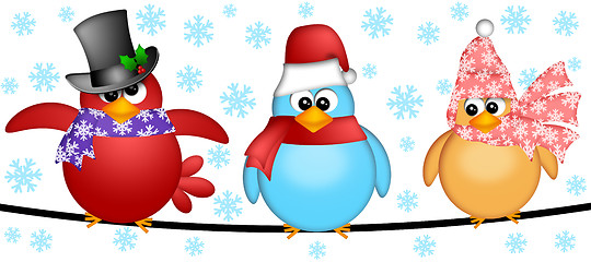 Image showing Three Christmas Birds on a Wire Illustration