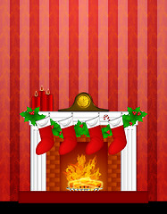 Image showing Fireplace Christmas Decoration wth Stockings and Wallpaper