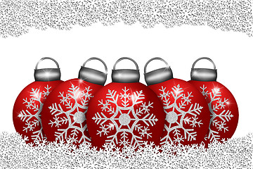 Image showing Five Red Ornaments Sitting on Snowflakes