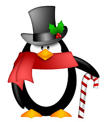Image showing Penguin with Top Hat Red Scarf and Candy Cane Clipart