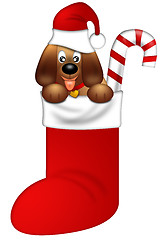 Image showing Cute Puppy Dog with Red Santa Hat in Stocking