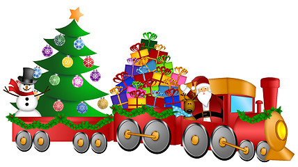 Image showing Santa Reindeer Snowman in Train with Gifts and Christmas Tree