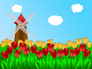 Image showing Dutch Windmill in Tulips Field Farm Illustration