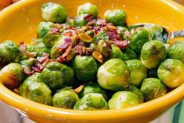 Image showing Thanksgiving Day Dinner Brussels Sprout with Bacon Bits and Pist