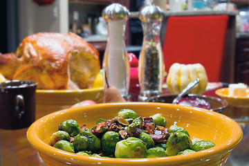 Image showing Brussels Sprouts with Bacon and Pistachios Turkey Dinner