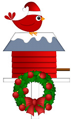 Image showing Christmas Red Cardinal Sitting on Birdhouse