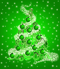 Image showing Christmas Tree with Leaf Swirls Sparkles and Ornaments 