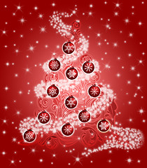 Image showing Christmas Tree with Leaf Swirls Sparkles and Ornaments Red