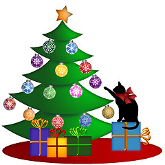 Image showing Christmas Tree with Presents Ornaments and Cat
