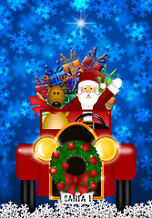 Image showing Santa and Reindeer Riding in Vintage Red Car