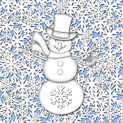 Image showing Snowman Over White Snowflakes Background