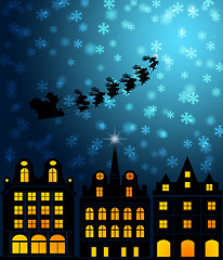 Image showing Santa Sleigh Reindeer Flying Over Victorian Houses
