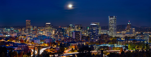 Image showing Moon Over Portland Oregon City Skyline at Blue Hour