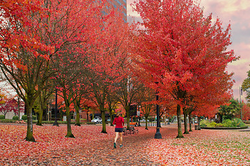 Image showing Woman Jogging in Portland Oregon Downtown Waterfron Park