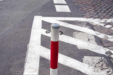 Image showing Pole mark forbidden driving zone or road.