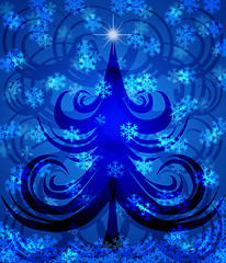 Image showing Abstract Swirls Christmas Tree on Blue Background