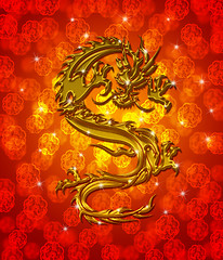 Image showing Golden Metallic Chinese Dragon on Red Blurred Background