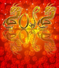 Image showing Golden Metallic 2012 Chinese Dragon on Red Blurred Background