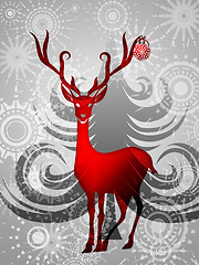 Image showing Reindeer with Red Ornament on Silver Background