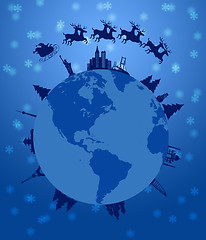Image showing Santa Sleigh and Reindeer Flying Around the World