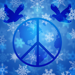 Image showing Peace Dove Over Earth Globe and Snowflakes