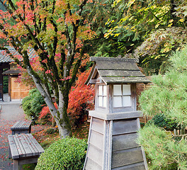 Image showing Japanese Garden Park Benches in the Fall