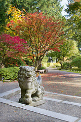 Image showing Shishi Lion Protector Stone Statue in Japanese Garden