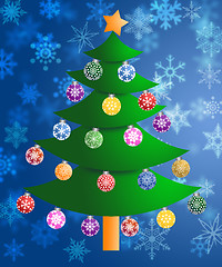 Image showing Colorful Christmas Tree on Blurred Snowflakes Background 