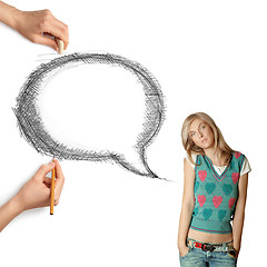 Image showing human hands with speech bubble and woman