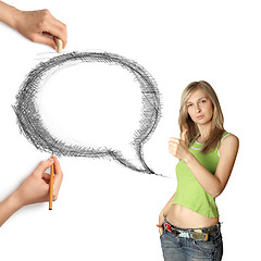 Image showing human hands with speech bubble and woman