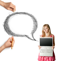 Image showing human hands with speech bubble and woman