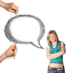 Image showing human hands with speech bubble and woman