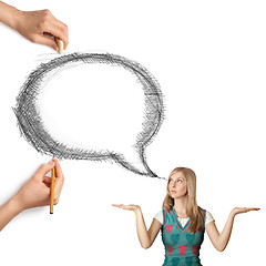 Image showing human hands with speech bubble and woman