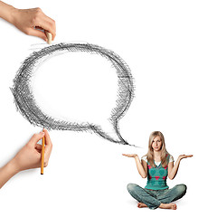 Image showing human hands with speech bubble and woman